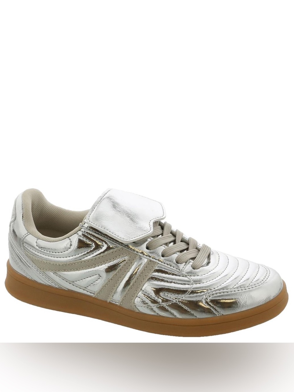 Steve Madden Madrid Silver Sneakers with Tan Sole. Size 8.5